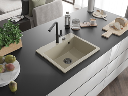 Mexen Oscar granite sink 1-bowl 580 x 490 mm, beige, black siphon - 6519581000-69-B