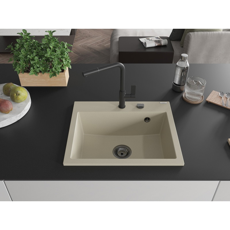 Mexen Oscar granit sink 1-bowl 580 x 490 mm, beige, black siphon - 6519581000-69-B