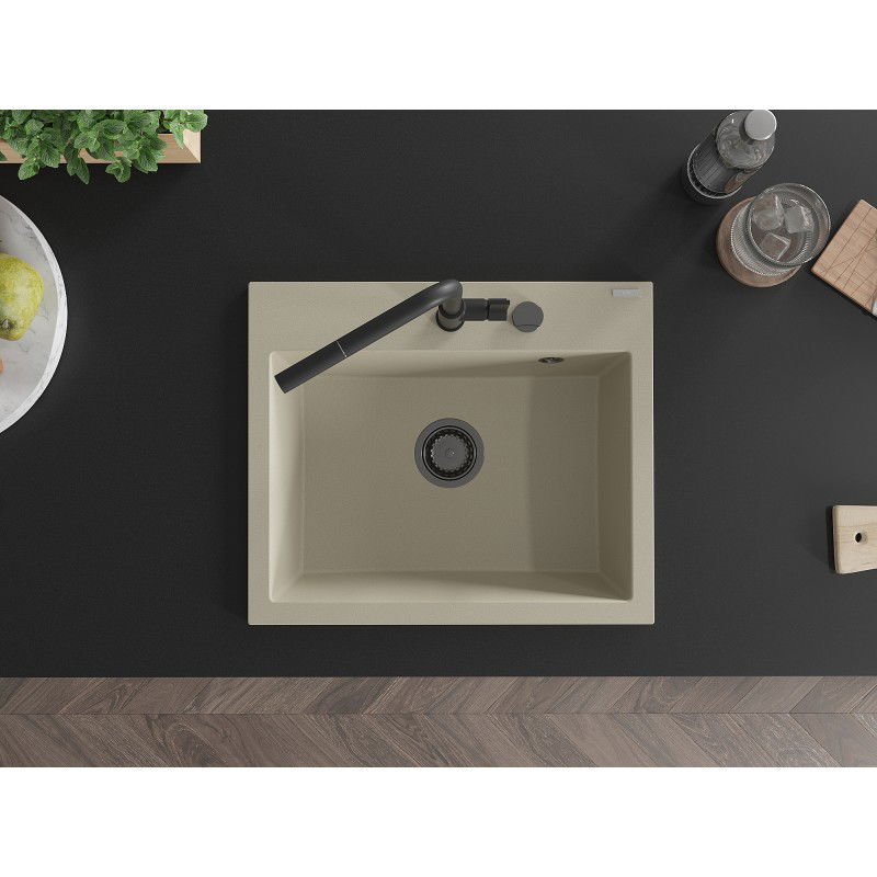 Mexen Oscar 1-bowl granite sink 580 x 490 mm, beige, black siphon - 6519581000-69-B