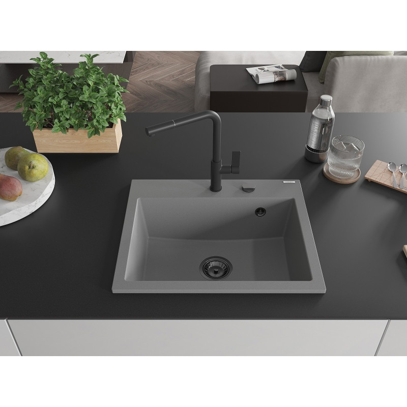 Mexen Oscar granite sink 1-bowl 580 x 490 mm, gray, black siphon - 6519581000-71-B