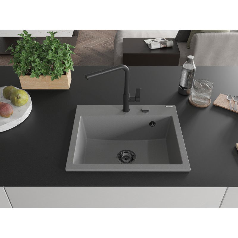 Mexen Oscar granite sink 1-bowl 580 x 490 mm, grey, black siphon - 6519581000-71-B
