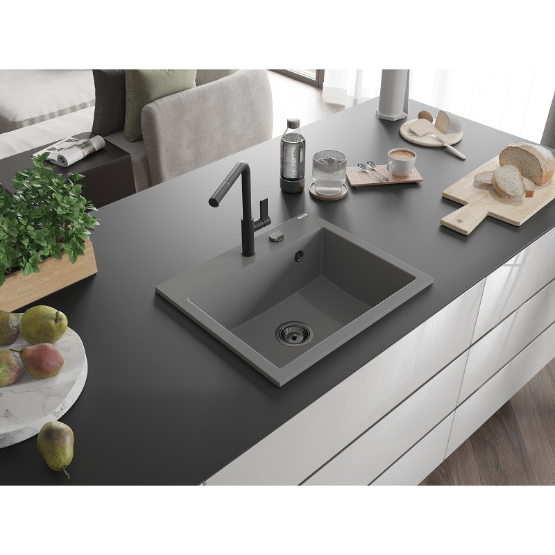 Mexen Oscar granite sink 1-bowl 580 x 490 mm, gray, black siphon - 6519581000-71-B