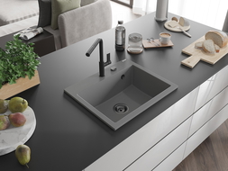 Mexen Oscar granite sink single-bowl 580 x 490 mm, gray, black siphon - 6519581000-71-B