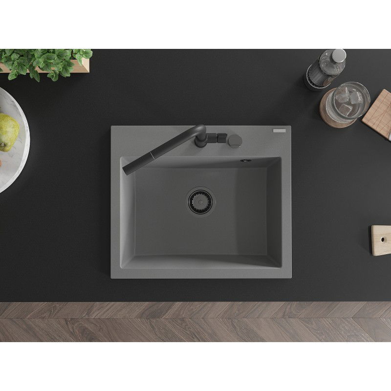 Mexen Oscar granite sink 1-bowl 580 x 490 mm, grey, black siphon - 6519581000-71-B