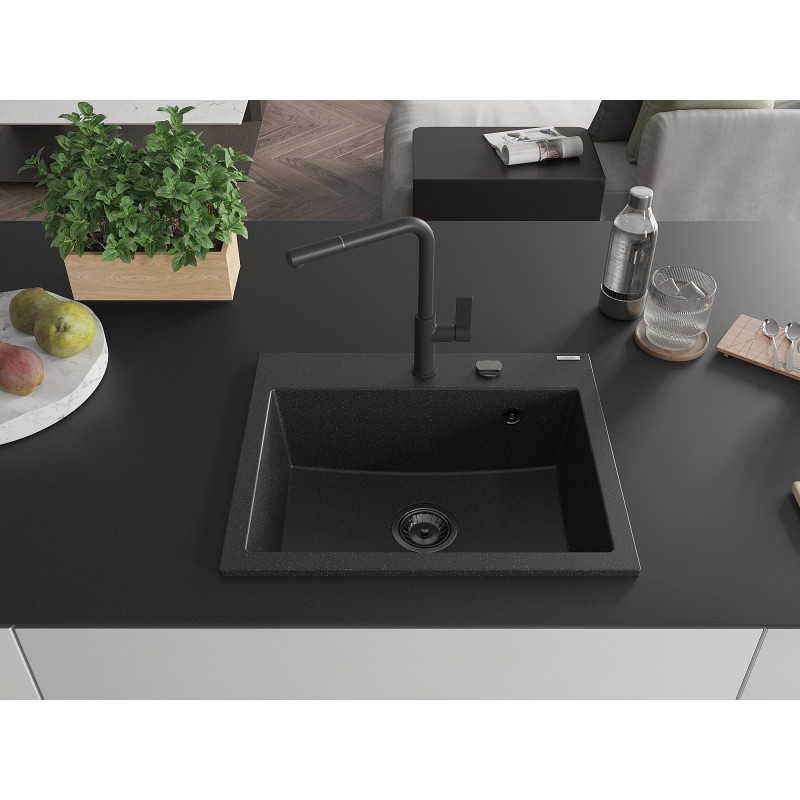 Mexen Oscar granite sink 1-bowl 580 x 490 mm, black/silver metallic, black siphon - 6519581000-73-B
