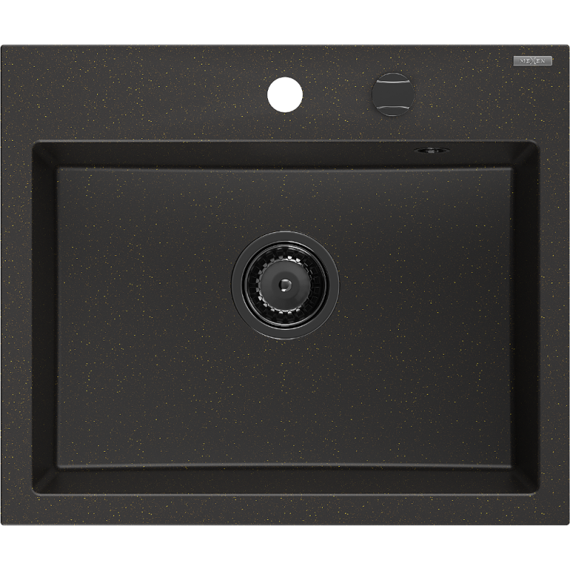 Mexen Oscar granite sink 1-bowl 580 x 490 mm, black/gold metallic, black siphon - 6519581000-75-B