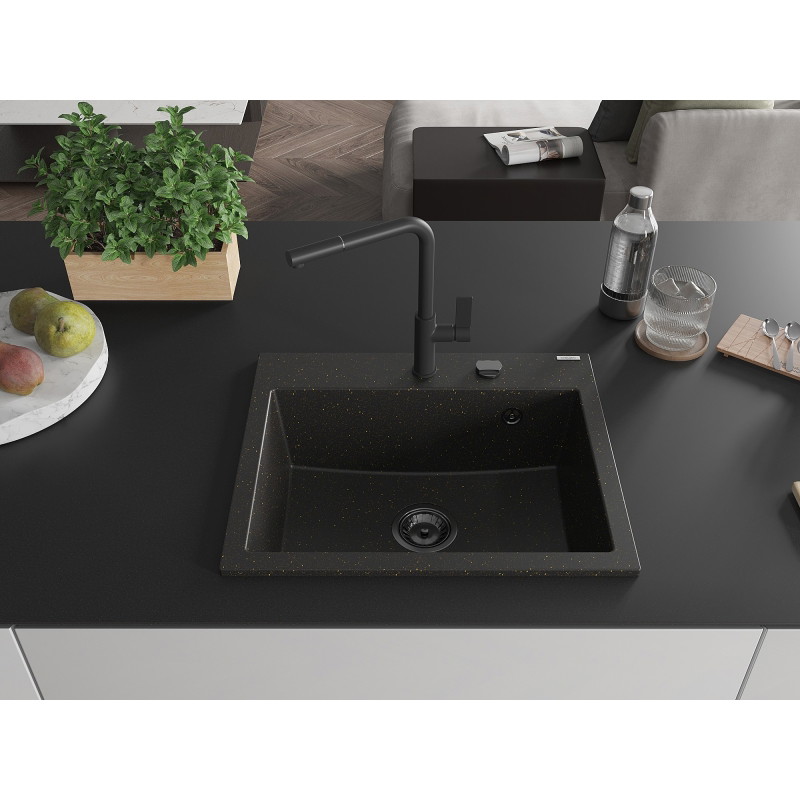Mexen Oscar granite sink 1-chamber 580 x 490 mm, black/gold metallic, black siphon - 6519581000-75-B
