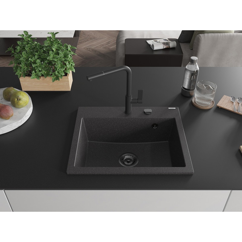 Mexen Oscar 1-Bowl Granite Sink 580 x 490 mm, Black Spotted, Black Siphon - 6519581000-76-B