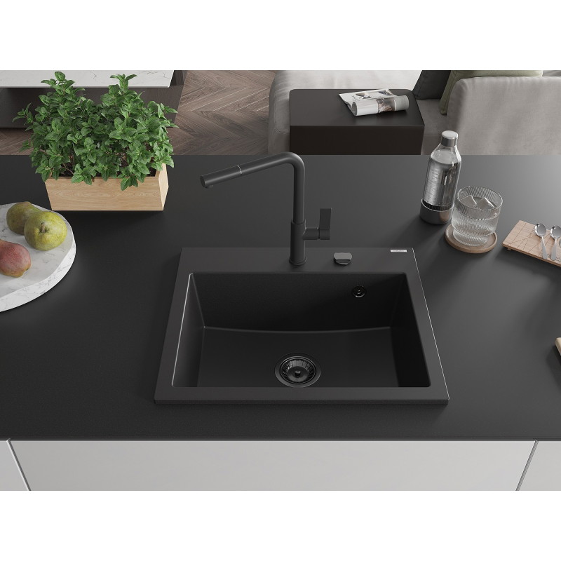 Mexen Oscar granite sink 1-bowl 580 x 490 mm, black, black siphon - 6519581000-77-B