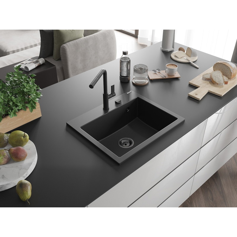 Mexen Oscar granite sink 1-bowl 580 x 490 mm, black, black siphon - 6519581000-77-B