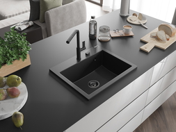 Mexen Oscar granite sink 1-bowl 580 x 490 mm, black, black siphon - 6519581000-77-B