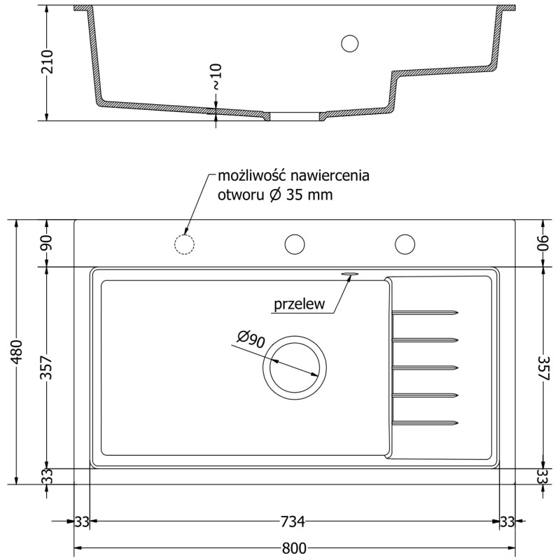 Mexen Omar granite single-bowl sink 800 x 480 mm, beige, chrome siphon - 6520801005-69