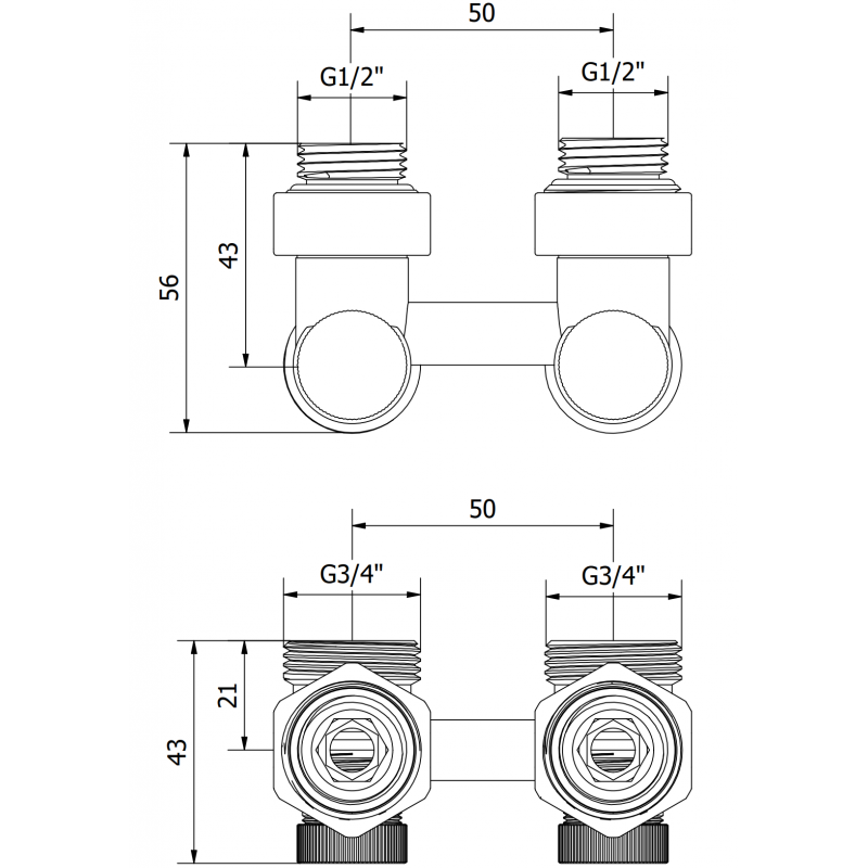 Mexen Uni-Term dual-pipe radiator valve DN50, angled 1/2"x3/4", nickel - W911-012-01