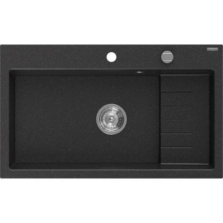 Mexen Omar granite sink single-bowl 800 x 480 mm, black/silver metallic, chrome trap - 6520801005-73