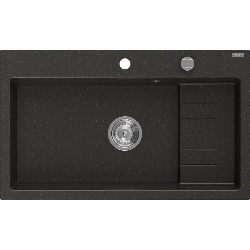 Mexen Omar 1-bowl Granite Sink 800 x 480 mm, Black/Gold Metallic, Chrome Siphon - 6520801005-75