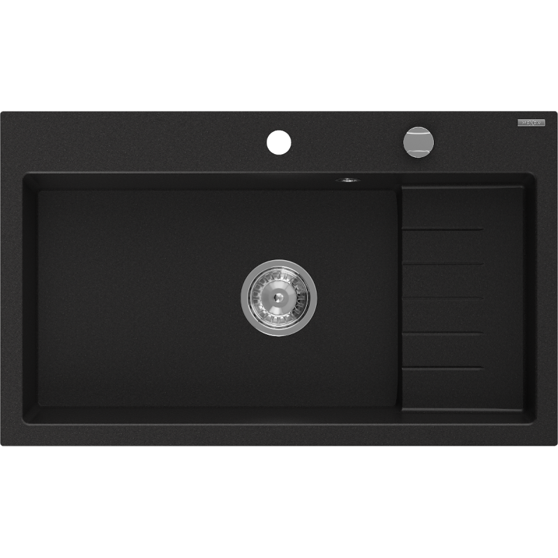 Mexen Omar granite sink single-bowl 800 x 480 mm, black, chrome siphon - 6520801005-77