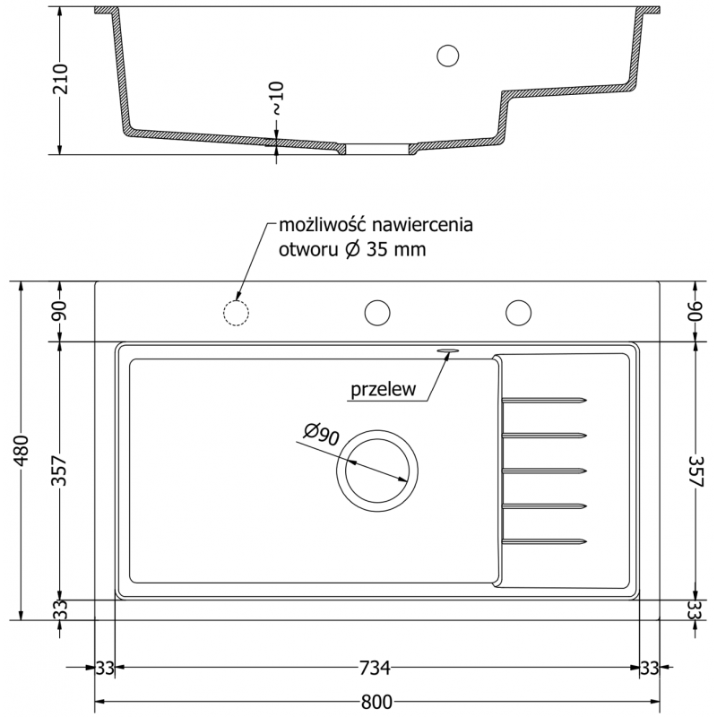 Mexen Omar granite sink 1-bowl 800 x 480 mm, white, gold siphon - 6520801005-20-G