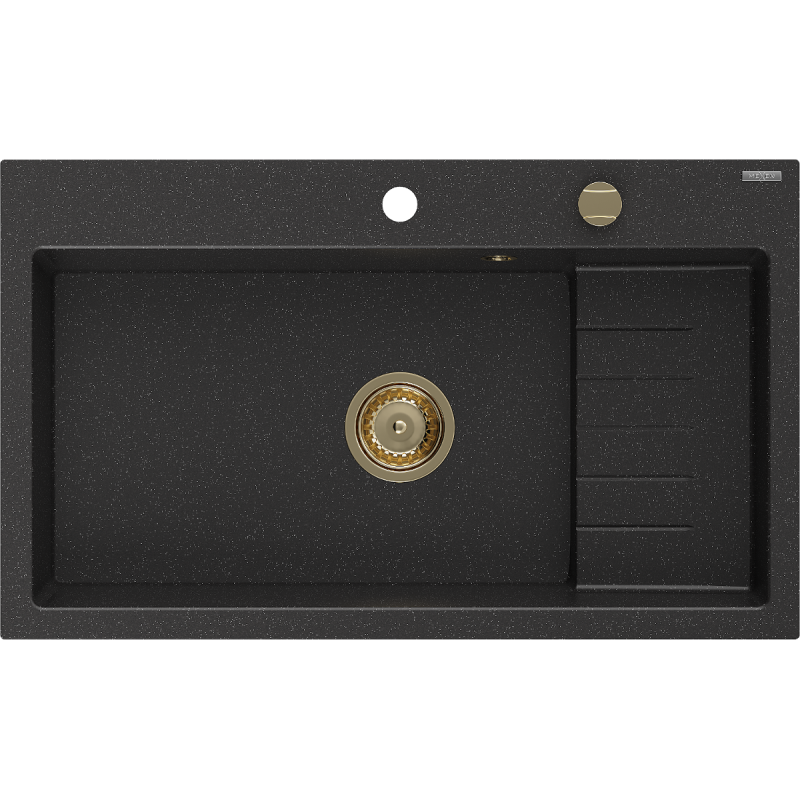 Mexen Omar granite sink, 1-bowl 800 x 480 mm, black/silver metallic, gold siphon - 6520801005-73-G