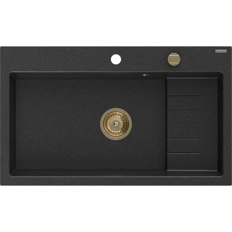 Mexen Omar granite sink, 1-bowl 800 x 480 mm, black/silver metallic, gold siphon - 6520801005-73-G