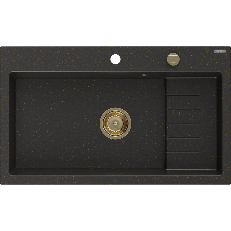 Mexen Omar granite sink 1-bowl 800 x 480 mm, black/gold metallic, gold siphon - 6520801005-75-G