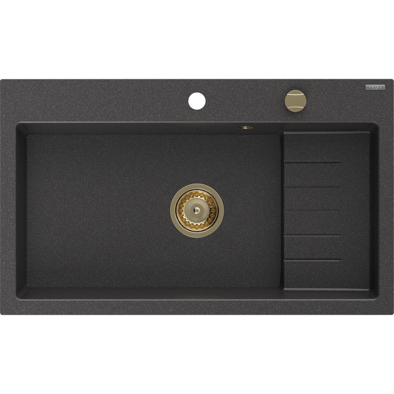 Mexen Omar 1-bowl granite kitchen sink 800 x 480 mm, black speckled, gold siphon - 6520801005-76-G