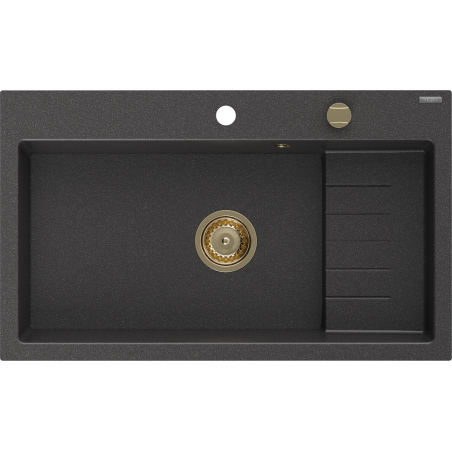 Mexen Omar Granite Sink 1-Bowl 800 x 480 mm, Black Speckled, Gold Siphon - 6520801005-76-G