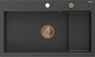 Mexen Omar 1-bowl granite kitchen sink 800 x 480 mm, black speckled, gold siphon - 6520801005-76-G