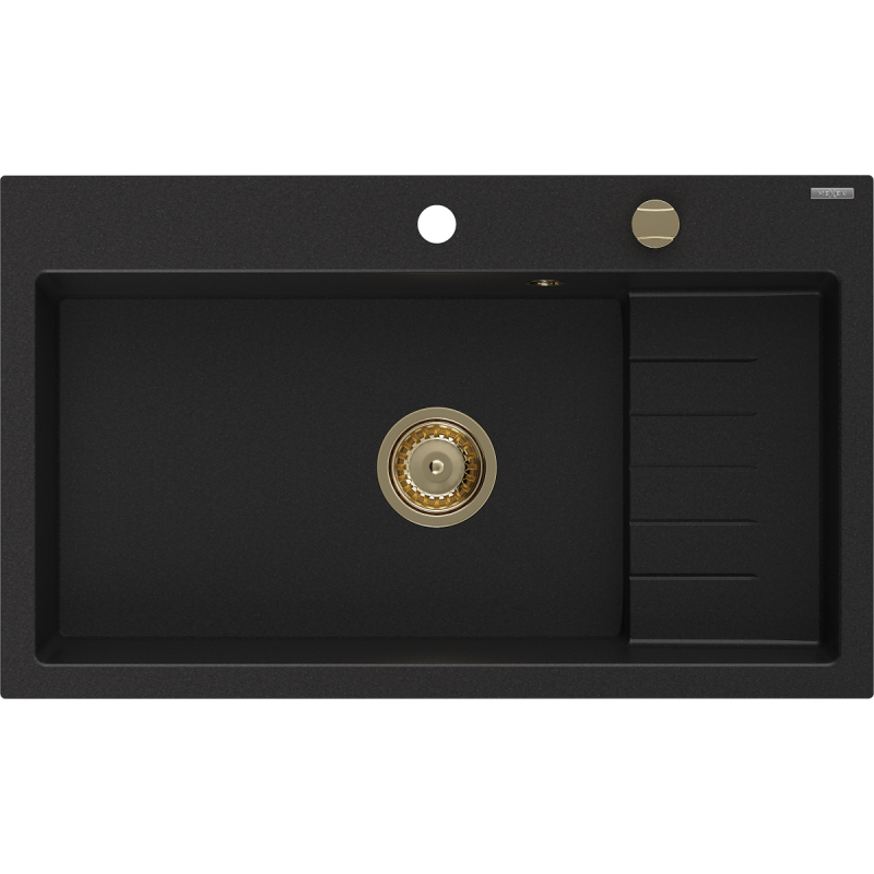 Mexen Omar granite sink, 1-bowl 800 x 480 mm, black, gold siphon - 6520801005-77-G