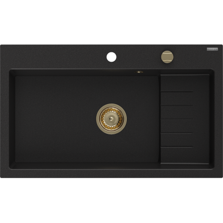 Mexen Omar granite sink single-bowl 800 x 480 mm, black, gold siphon - 6520801005-77-G