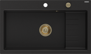 Mexen Omar granite sink single-bowl 800 x 480 mm, black, gold siphon - 6520801005-77-G