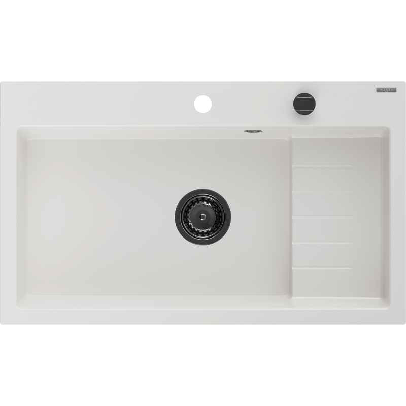 Mexen Omar granite sink 1-bowl 800 x 480 mm, white, black siphon - 6520801005-20-B