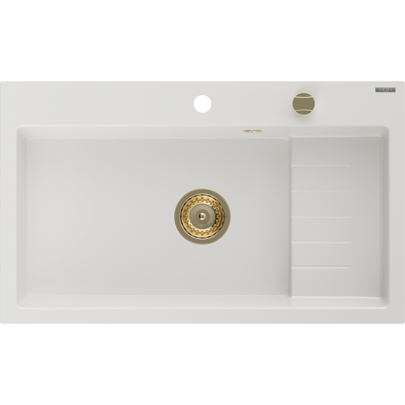Mexen Omar granite sink, 1-bowl 800 x 480 mm, white, gold siphon - 6520801005-20-G