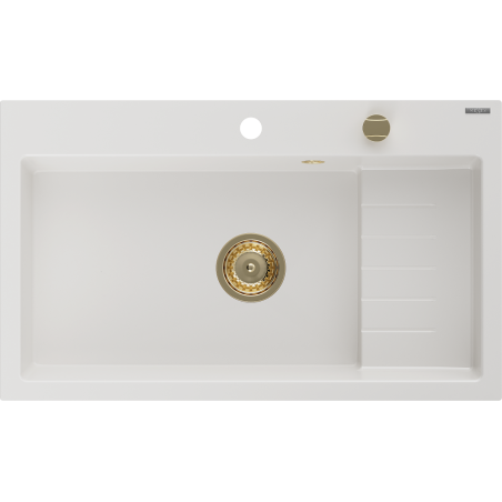 Mexen Omar granite sink, 1-bowl 800 x 480 mm, white, gold siphon - 6520801005-20-G