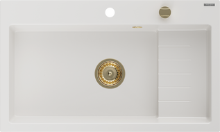 Mexen Omar granite sink, 1-bowl 800 x 480 mm, white, gold siphon - 6520801005-20-G