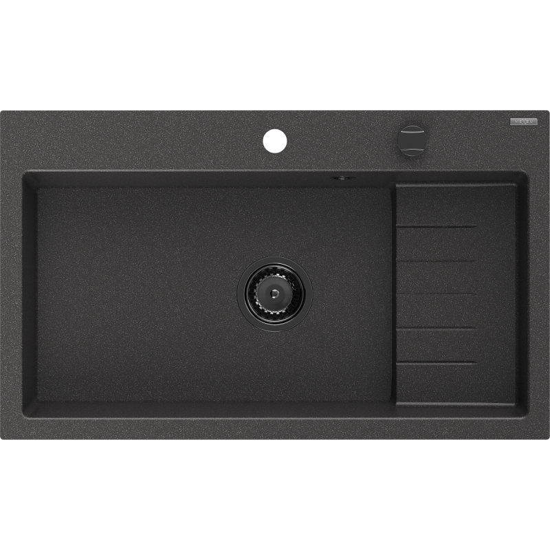 Mexen Omar single-bowl granite sink 800 x 480 mm, black speckled, black siphon - 6520801005-76-B