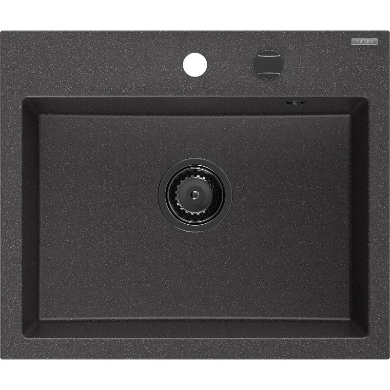 Mexen Oscar 1-Bowl Granite Sink 580 x 490 mm, Black Spotted, Black Siphon - 6519581000-76-B