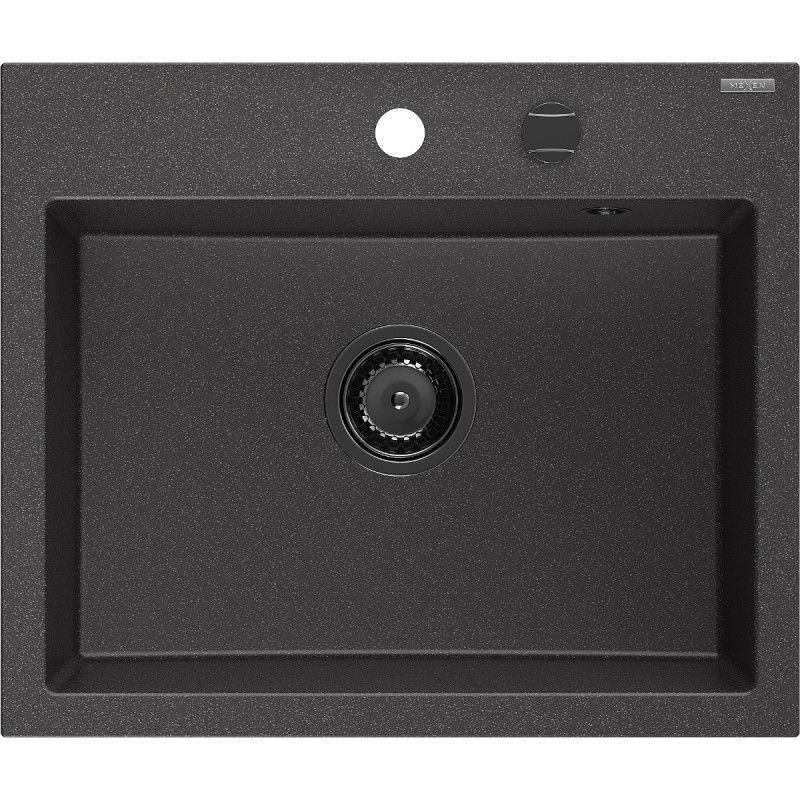 Mexen Oscar granite sink, 1-bowl, 580 x 490 mm, black speckled, black siphon - 6519581000-76-B