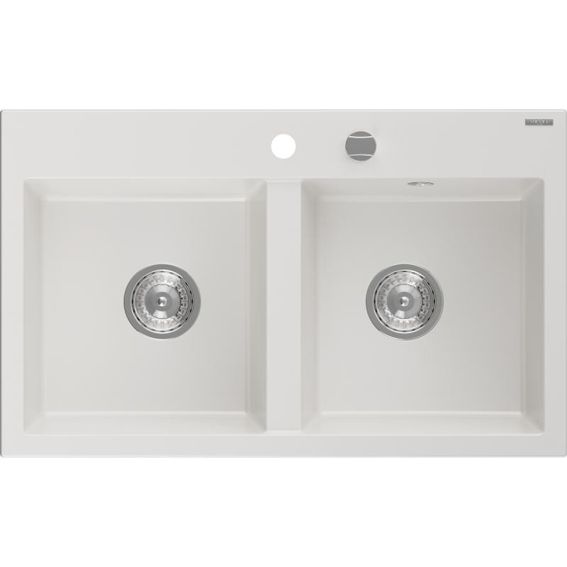 Mexen Hektor 2-Bowl Granite Sink 800 x 480 mm, White, Chrome Siphon - 6521802000-20