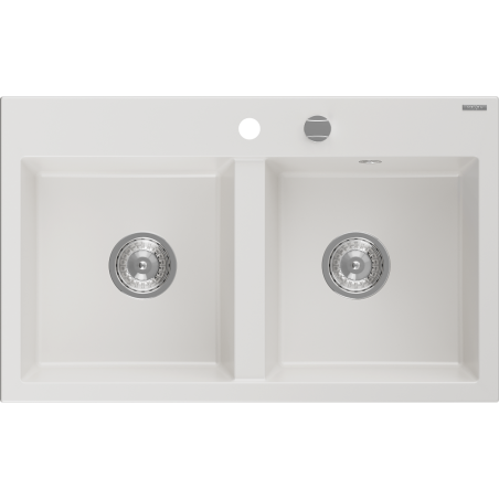 Mexen Hektor 2-Bowl Granite Sink 800 x 480 mm, White, Chrome Siphon - 6521802000-20