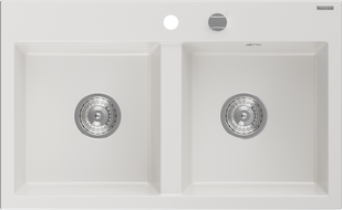 Mexen Hektor 2-Bowl Granite Sink 800 x 480 mm, White, Chrome Siphon - 6521802000-20