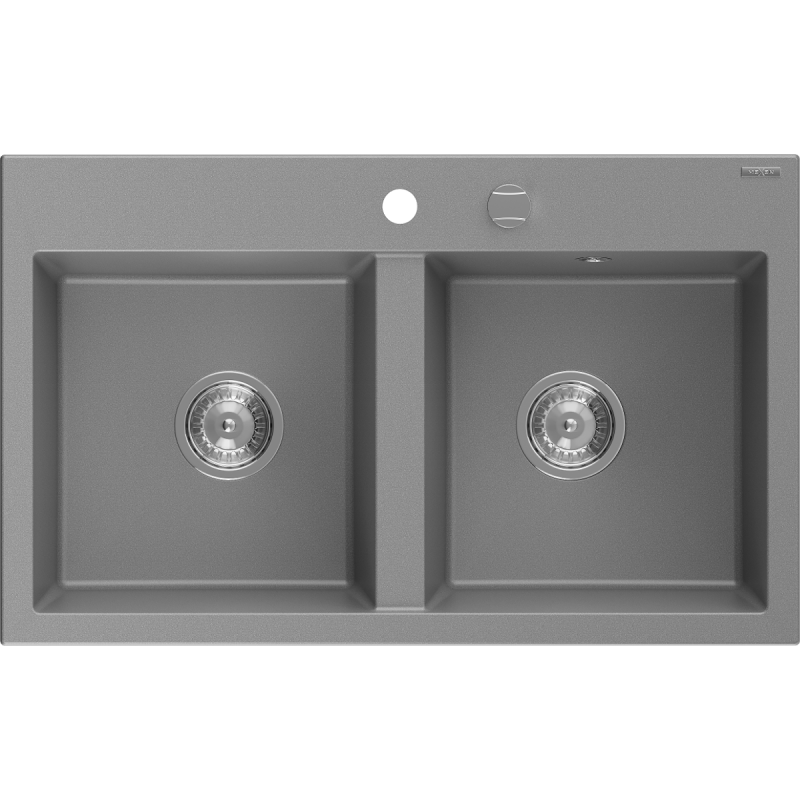 Mexen Hektor granite double-bowl sink 800 x 480 mm, gray, chrome siphon - 6521802000-71
