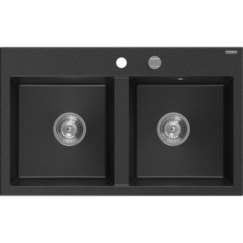 Mexen Hektor granite sink 2-chamber 800 x 480 mm, black/silver metallic, chrome siphon - 6521802000-73