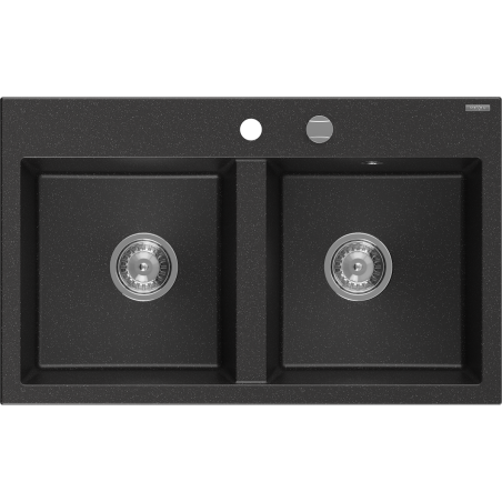 Mexen Hektor granite sink 2-bowl 800 x 480 mm, black/silver metallic, chrome siphon - 6521802000-73