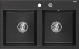 Mexen Hektor granite sink 2-chamber 800 x 480 mm, black/silver metallic, chrome siphon - 6521802000-73