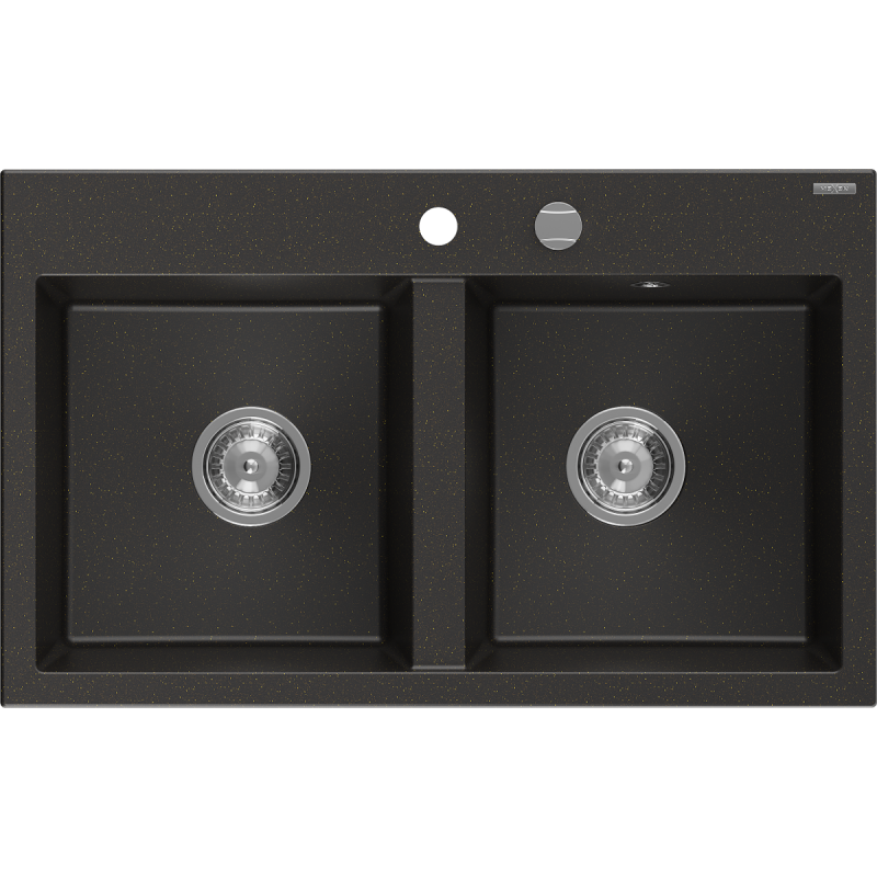 Mexen Hektor 2-bowl granite sink 800 x 480 mm, black/gold metallic, chrome siphon - 6521802000-75