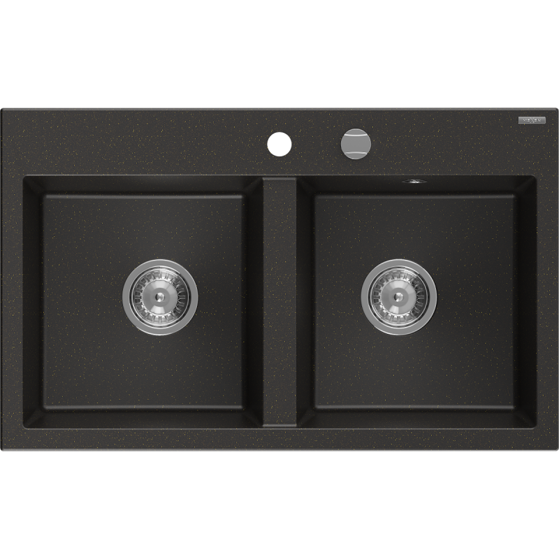 Mexen Hektor Granite Sink 2-chamber 800 x 480 mm, Black/Gold Metallic, Chrome Siphon - 6521802000-75