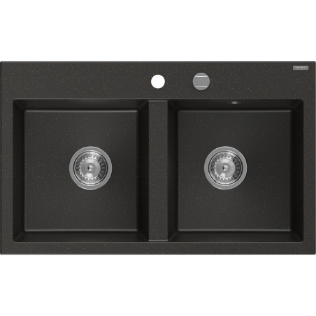 Mexen Hektor 2-bowl granite sink 800 x 480 mm, black/gold metallic, chrome siphon - 6521802000-75