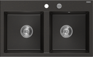 Mexen Hektor 2-bowl granite sink 800 x 480 mm, black/gold metallic, chrome siphon - 6521802000-75