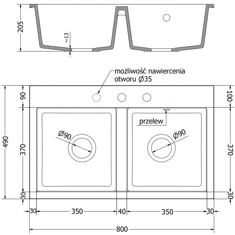 Mexen Hektor granite sink 2-bowl 800 x 480 mm, black speckled, chrome siphon - 6521802000-76