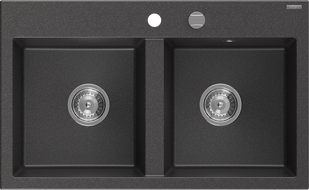Mexen Hektor Granite Sink 2-Bowl 800 x 480 mm, Black Speckled, Chrome Siphon - 6521802000-76